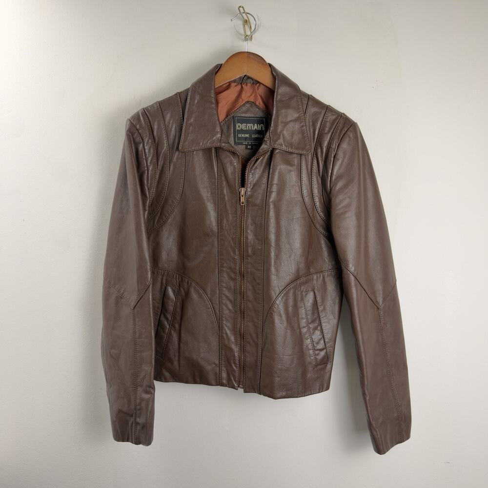 Burgundy/Maroon Demain Vintage Leather Jacket Size 40 Moto Style Zip Up